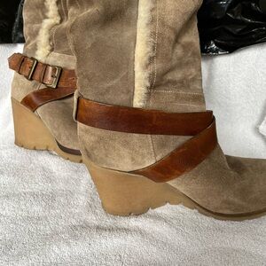 Stylish Tan Suede Wedge Boots with Buckle Detail